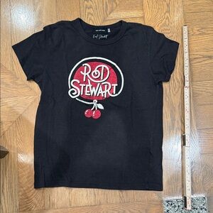 Women’s Black Rod Stewart Rock T-Shirt with Cherry Design